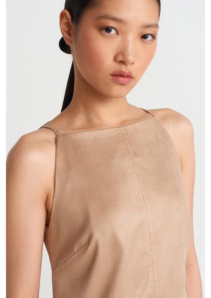 Askılı Kısa Süet Bej Kadın Elbise 90909-2K5 fırsatları