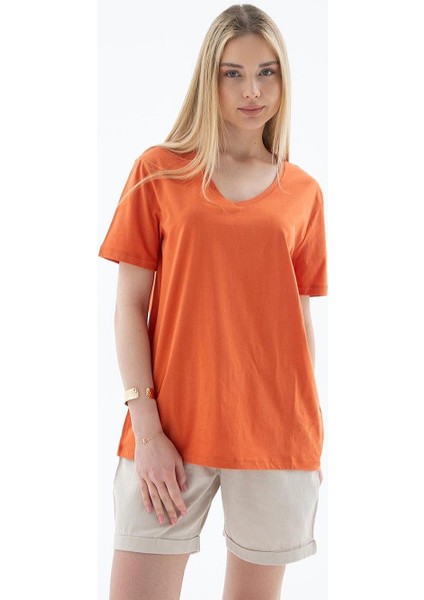 V Yaka Kısa Kollu Turuncu Kadın T-Shirt 0248-2Y5