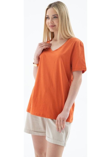V Yaka Kısa Kollu Turuncu Kadın T-Shirt 0248-2Y5 fiyatları