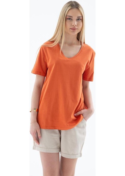 V Yaka Kısa Kollu Turuncu Kadın T-Shirt 0248-2Y5 modelleri