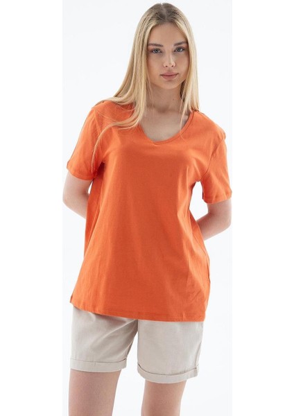 V Yaka Kısa Kollu Turuncu Kadın T-Shirt 0248-2Y5 fırsatları