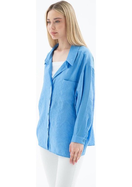 Uzun Kollu Cepli Mavi Kadın Gömlek 0571-2Y5
