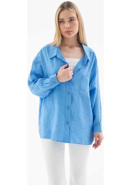 Uzun Kollu Cepli Mavi Kadın Gömlek 0571-2Y5 fiyatları