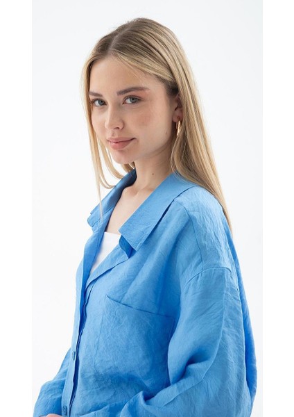 Uzun Kollu Cepli Mavi Kadın Gömlek 0571-2Y5 fırsatları