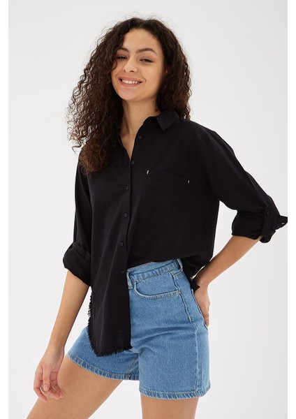 Uzun Kollu Cepli Siyah Kadın Gömlek 0390-2Y5