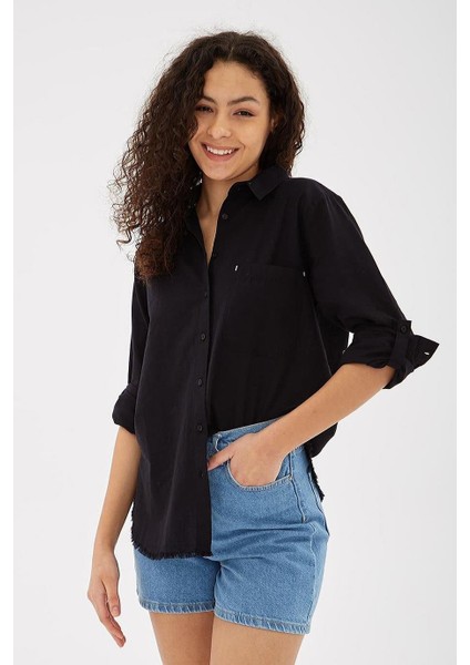 Uzun Kollu Cepli Siyah Kadın Gömlek 0390-2Y5 fiyatları