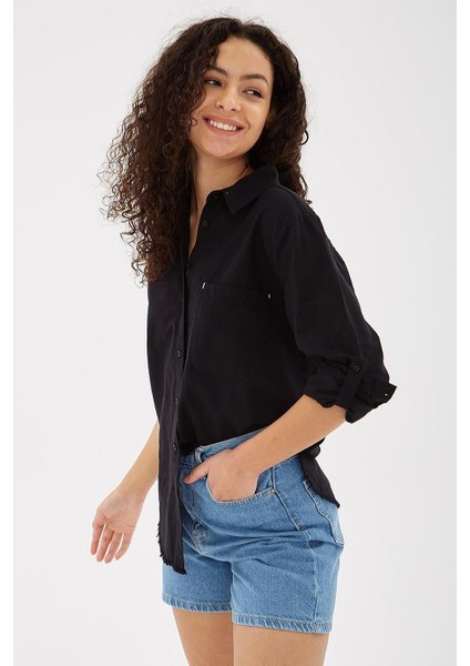 Uzun Kollu Cepli Siyah Kadın Gömlek 0390-2Y5 fırsatları