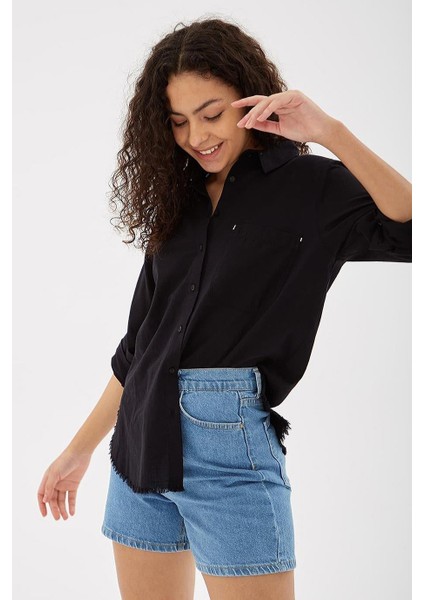 Uzun Kollu Cepli Siyah Kadın Gömlek 0390-2Y5 indirimleri