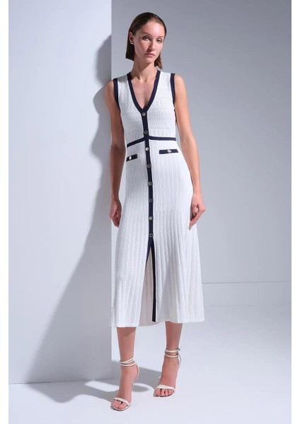 Lacivert Şerit Detaylı Beyaz Midi Elbise 043-2Y5