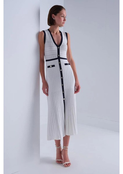 Lacivert Şerit Detaylı Beyaz Midi Elbise 043-2Y5 fiyatları