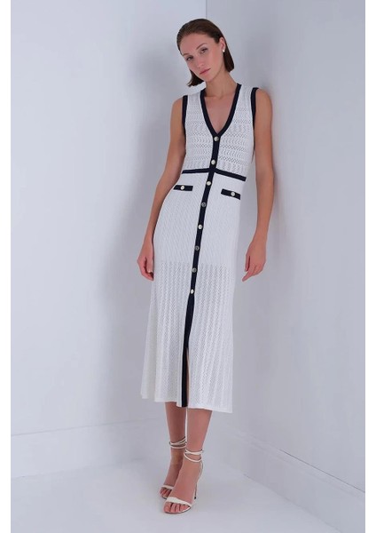 Lacivert Şerit Detaylı Beyaz Midi Elbise 043-2Y5 modelleri