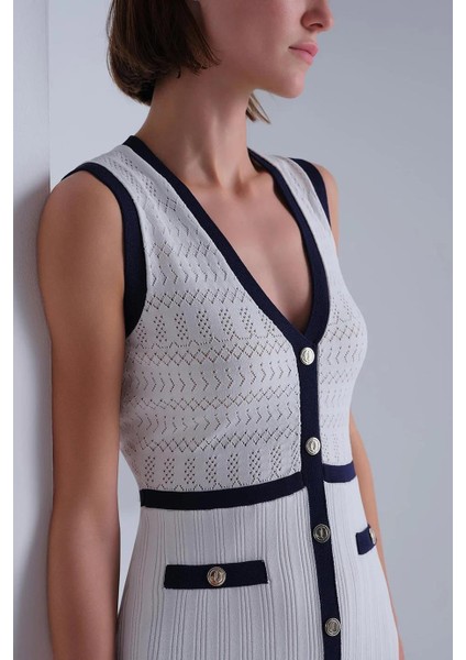 Lacivert Şerit Detaylı Beyaz Midi Elbise 043-2Y5 fırsatları