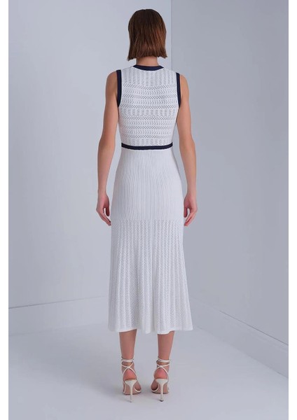 Lacivert Şerit Detaylı Beyaz Midi Elbise 043-2Y5 indirimleri