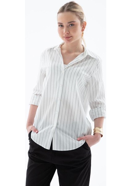 Uzun Kollu Çizgili Ekru Kadın Gömlek 0102-2Y5