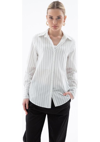 Uzun Kollu Çizgili Ekru Kadın Gömlek 0102-2Y5 modelleri