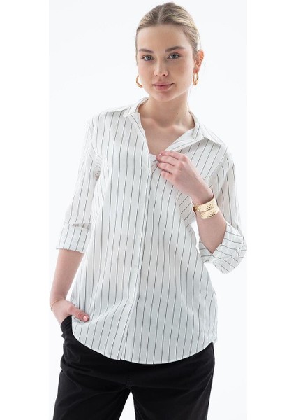 Uzun Kollu Çizgili Ekru Kadın Gömlek 0102-2Y5 fırsatları