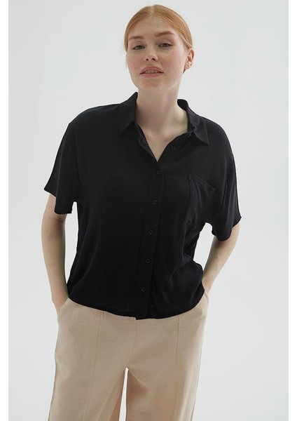 Kısa Kollu Cepli Siyah Kadın Gömlek 0515-2Y5