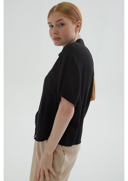 Kısa Kollu Cepli Siyah Kadın Gömlek 0515-2Y5 fırsatları