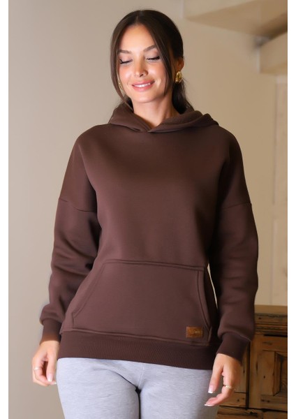 Kapüşonlu Uzun Kollu Kahve Kadın Sweatshirt 3046-2K4 fırsatları