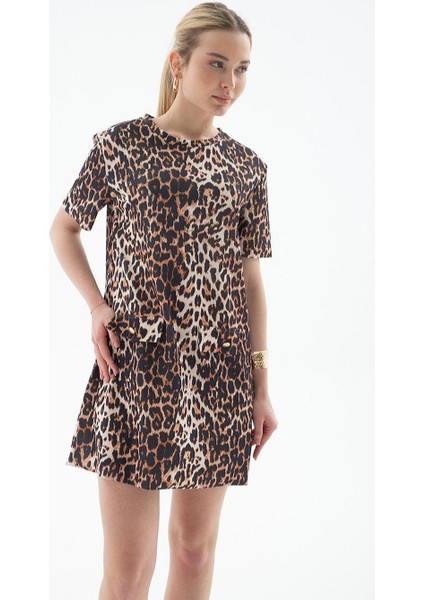 Kısa Kollu Leopar Desenli Kadın Elbise 0262-2Y5