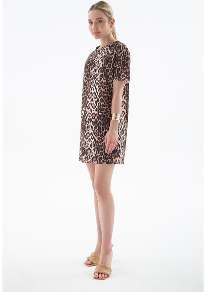 Kısa Kollu Leopar Desenli Kadın Elbise 0262-2Y5
