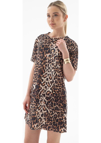 Kısa Kollu Leopar Desenli Kadın Elbise 0262-2Y5