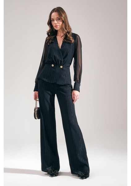 Gold Düğmeli Simli Bluz Pantolon Takım 80069-2K5