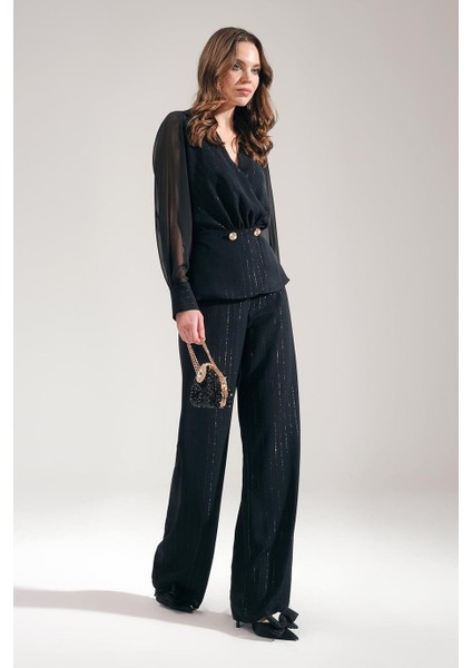 Gold Düğmeli Simli Bluz Pantolon Takım 80069-2K5 fiyatları