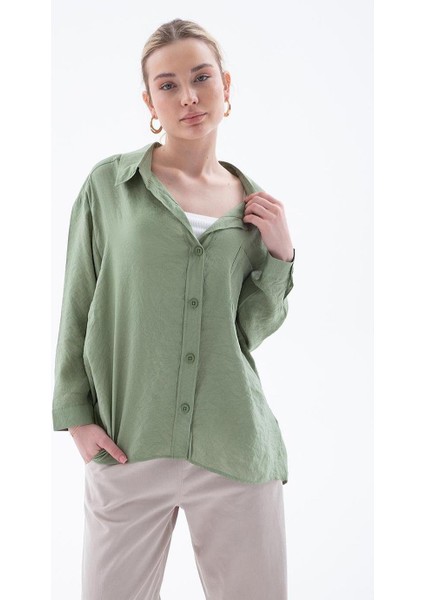 Uzun Kollu Cepli Haki Kadın Gömlek 0571-2Y5