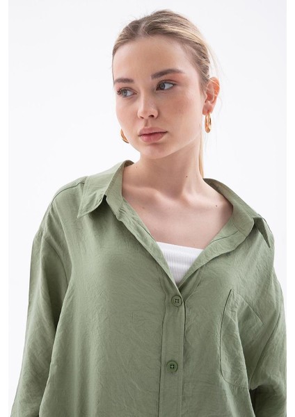 Uzun Kollu Cepli Haki Kadın Gömlek 0571-2Y5 fırsatları
