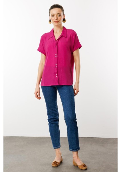 Kısa Kollu Fuşya Kadın Gömlek 25845-2Y5