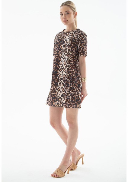 Kısa Kollu Leopar Desenli Kadın Elbise 0262-2Y5