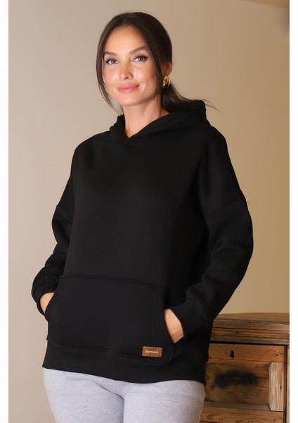 Kapüşonlu Uzun Kollu Siyah Kadın Sweatshirt 3046-2K4
