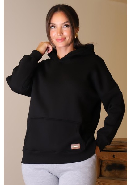 Kapüşonlu Uzun Kollu Siyah Kadın Sweatshirt 3046-2K4 fırsatları