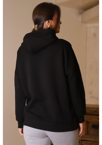 Kapüşonlu Uzun Kollu Siyah Kadın Sweatshirt 3046-2K4 indirimleri