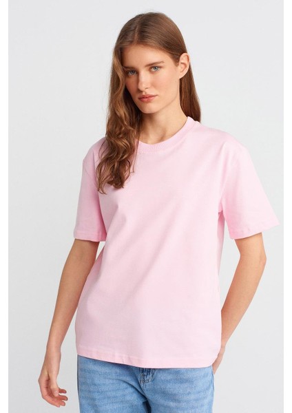 Sıfır Yaka Kısa Kollu Pembe Kadın T-Shirt 30312-2Y5