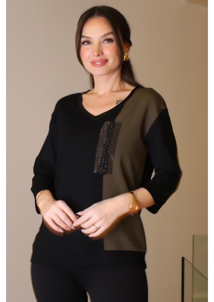 Uzun Kollu Taşlı Siyah Kadın Bluz 00729-2K5