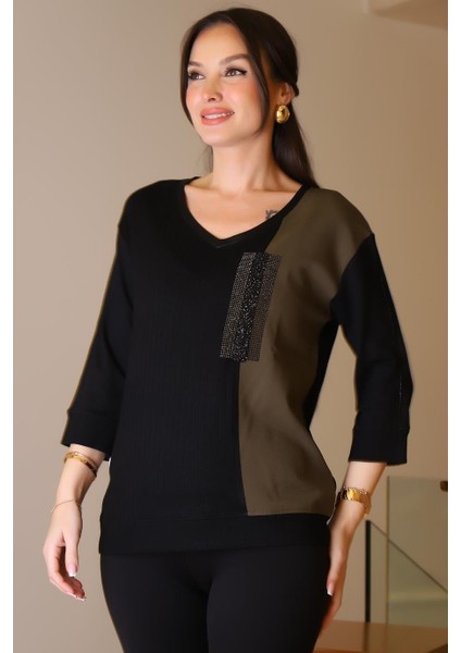 Uzun Kollu Taşlı Siyah Kadın Bluz 00729-2K5 fiyatları
