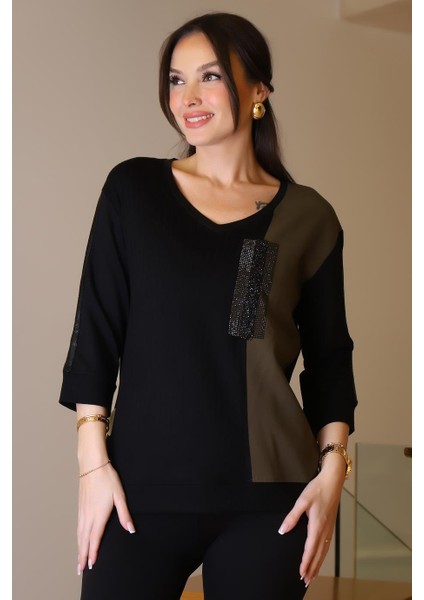 Uzun Kollu Taşlı Siyah Kadın Bluz 00729-2K5 fırsatları
