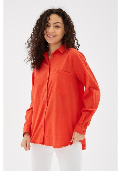 Uzun Kollu Cepli Kırmızı Kadın Gömlek 0390-2Y5