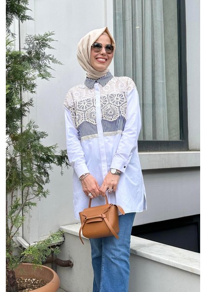 Brode Detaylı Çizgili Laci Kadın Gömlek MB11.220-2Y5