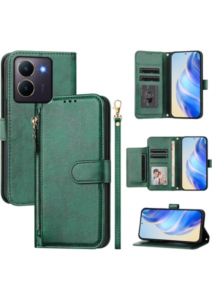 Vıvo Y27S 4G/Y36 Için Flip Kılıf Koruma Yumuşak Pu Deri Fermuarlı Cüzdan Kılıfı Kart Tutucu ile (Yurt Dışından)