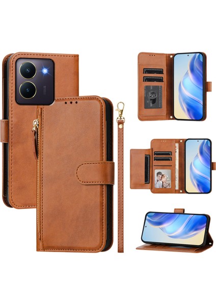 Vıvo Y27S 4G/Y36 Için Flip Kılıf Koruma Yumuşak Pu Deri Fermuarlı Cüzdan Kılıfı Kart Tutucu ile (Yurt Dışından)