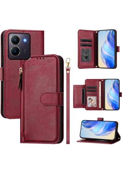 Vıvo Y27S 4G/Y36 Için Flip Kılıf Koruma Yumuşak Pu Deri Fermuarlı Cüzdan Kılıfı Kart Tutucu ile (Yurt Dışından)