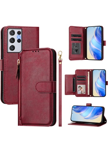 Samsung Galaxy S21 Ultra Için Flip Kılıf Koruma Yumuşak Pu Deri Fermuarlı Cüzdan Kılıfı Kart Tutucu ile (Yurt Dışından)