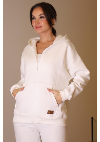 Kanguru Cepli Ekru Kadın Sweatshirt 3045-2K5