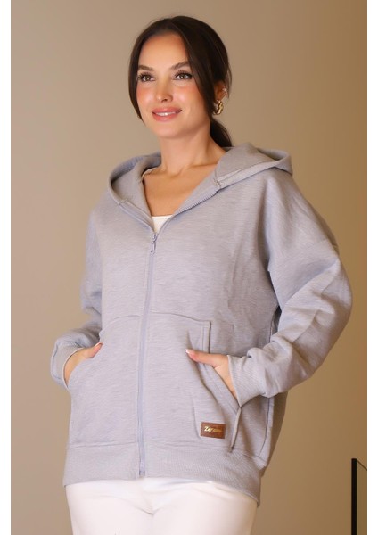 Kanguru Cepli Gri Kadın Sweatshirt 3045-2K5