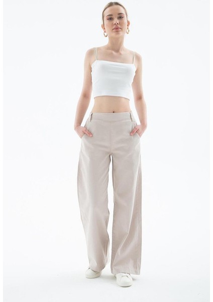 Cepli Geniş Paça Bej Kadın Pantolon 0042-2Y5