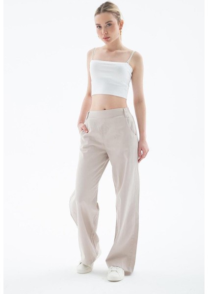 Cepli Geniş Paça Bej Kadın Pantolon 0042-2Y5