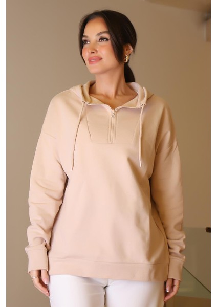 Kapüşonlu Yakası Fermuarlı Pudra Kadın Sweatshirt 2052-2K5